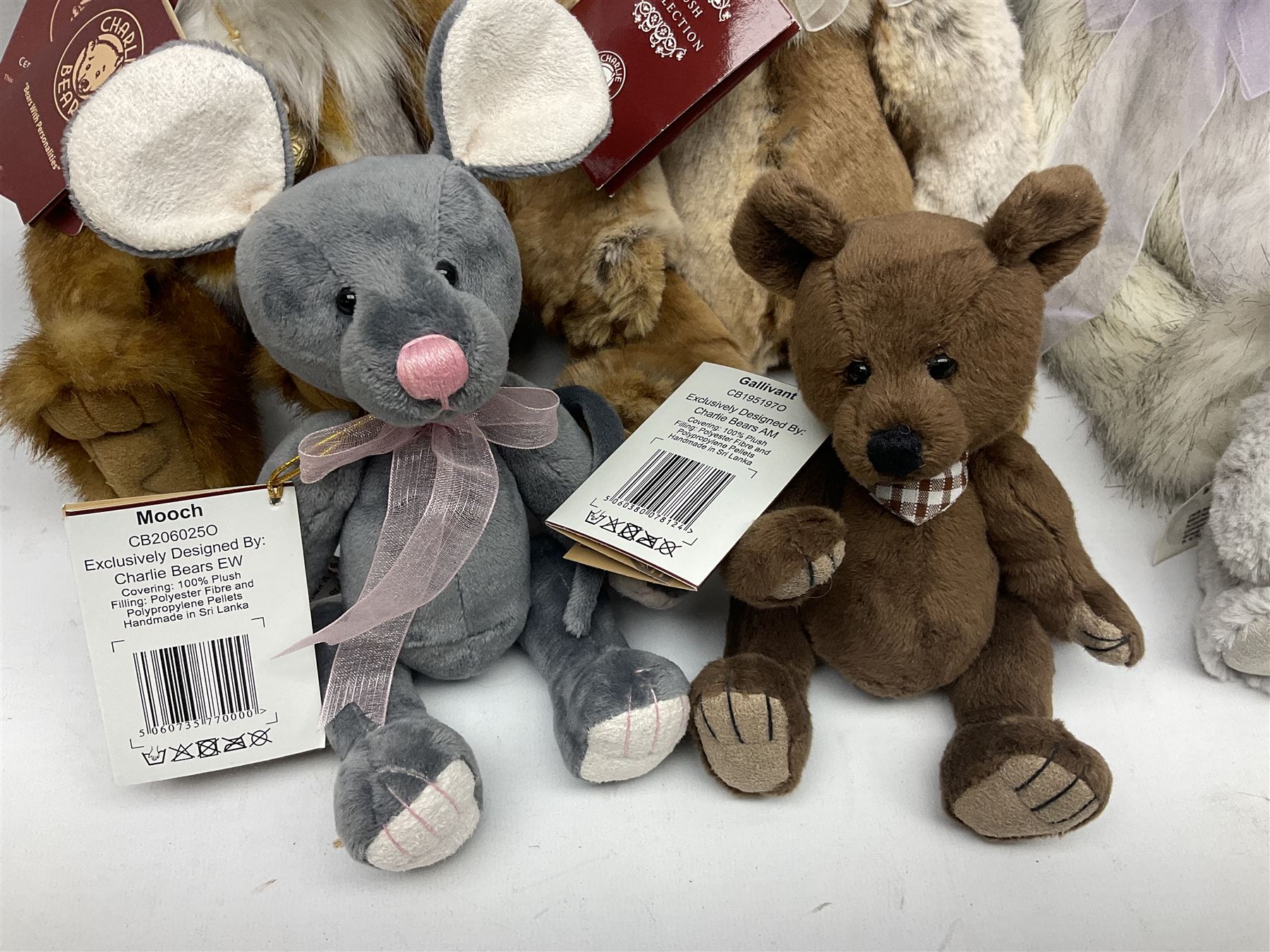 Eight Charlie Bears, comprising limited edition example Nina CB171785A, designed by Isabelle Lee, limited to 3000, Nyah CB191931A, designed by Isabelle Lee, Molly CB110310B, designed by Heather Lyell, Mooch CB206025O, and Gallivant CB195197O, each with tags, plus three lacking tags, CB165133, and two small unnamed examples