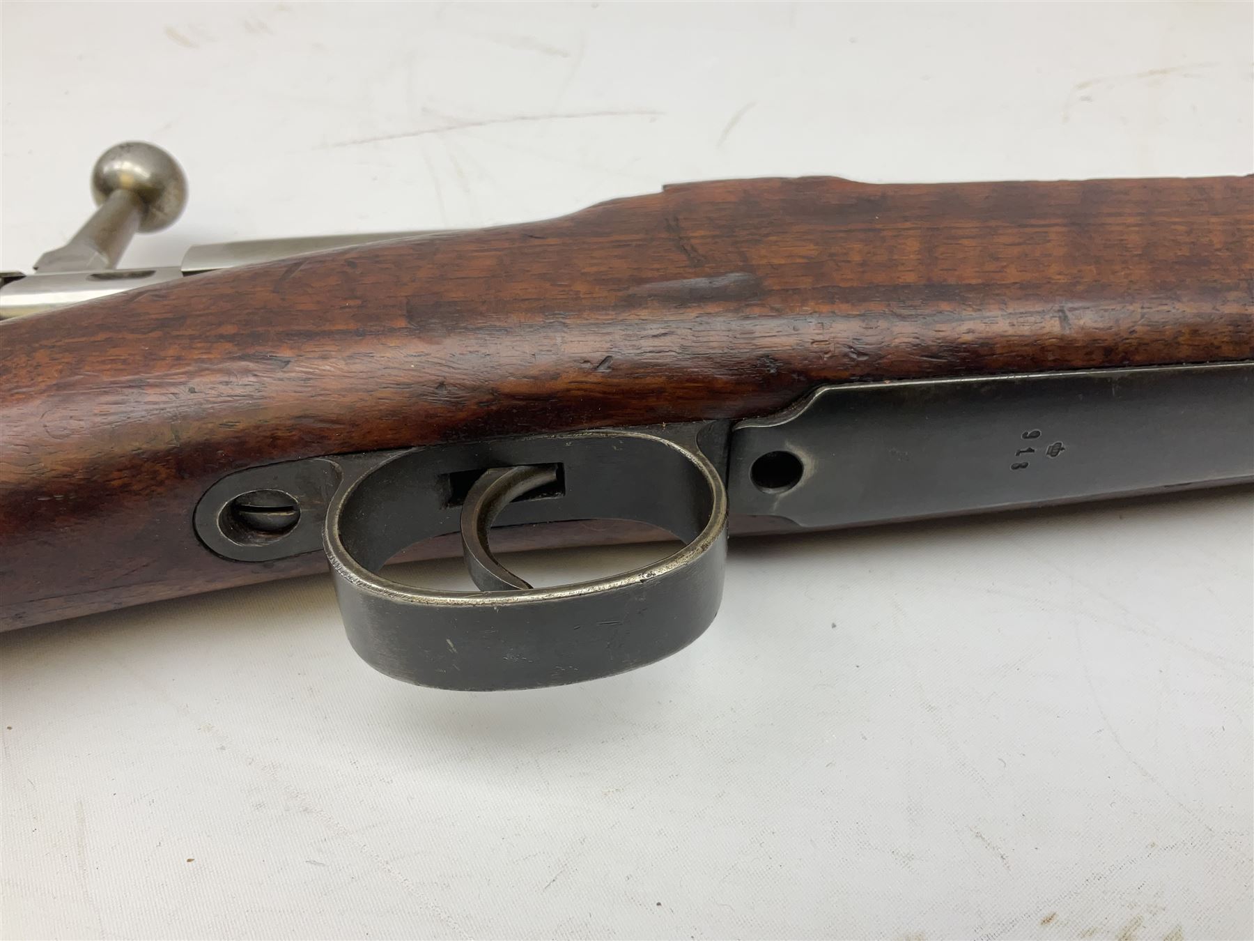 Early 20c Swedish 6.5mm bolt-action service rifle inscribed Carl Gustafs Stads Gevarsfaktori 1904; with 74cm barrel and original Model 1896 knife bayonet with scabbard No.149918 L149cm overall. Deactivated to early specification so requires re-deactivation to modern standards SECTION 1 RFD ONLY