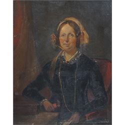 English School (19th century): Portrait of a Victorian Lady Wearing a Bonnet, oil on millb...