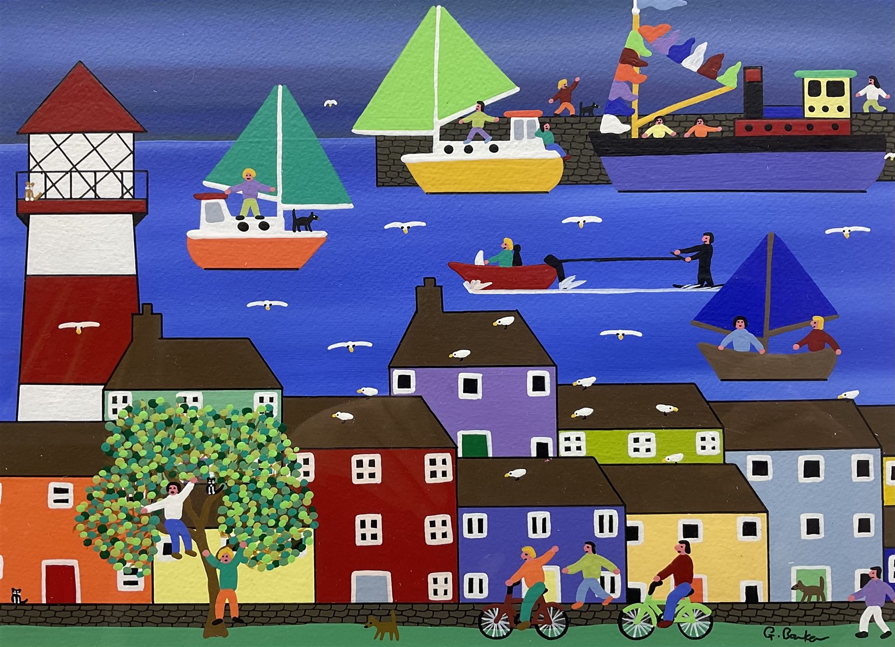 Gordon Barker (British 1960-): Cycling by the Harbour, acrylic on paper signed 25cm x 34cm 