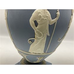 20th century Wedgwood Jasperware Procession of the Deities twin handled vase from the Genius Collection, impressed and printed mark, limited edition 4/100, H35cm