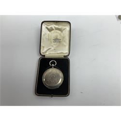Hallmarked silver cased pocket watch, Waltham Mass pocket watch, Malta 1972 50 cents coin, medallion commemorating the Coronation of King George VI and Queen Elizabeth 1937, fifty-four brass three pence coins and ten Bank of England ten shilling notes


