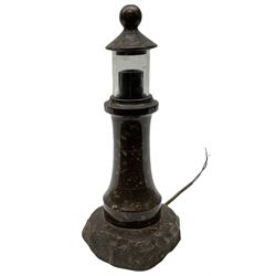 Cornish serpentine table lamp, modelled as a lighthouse, H26.5cm
