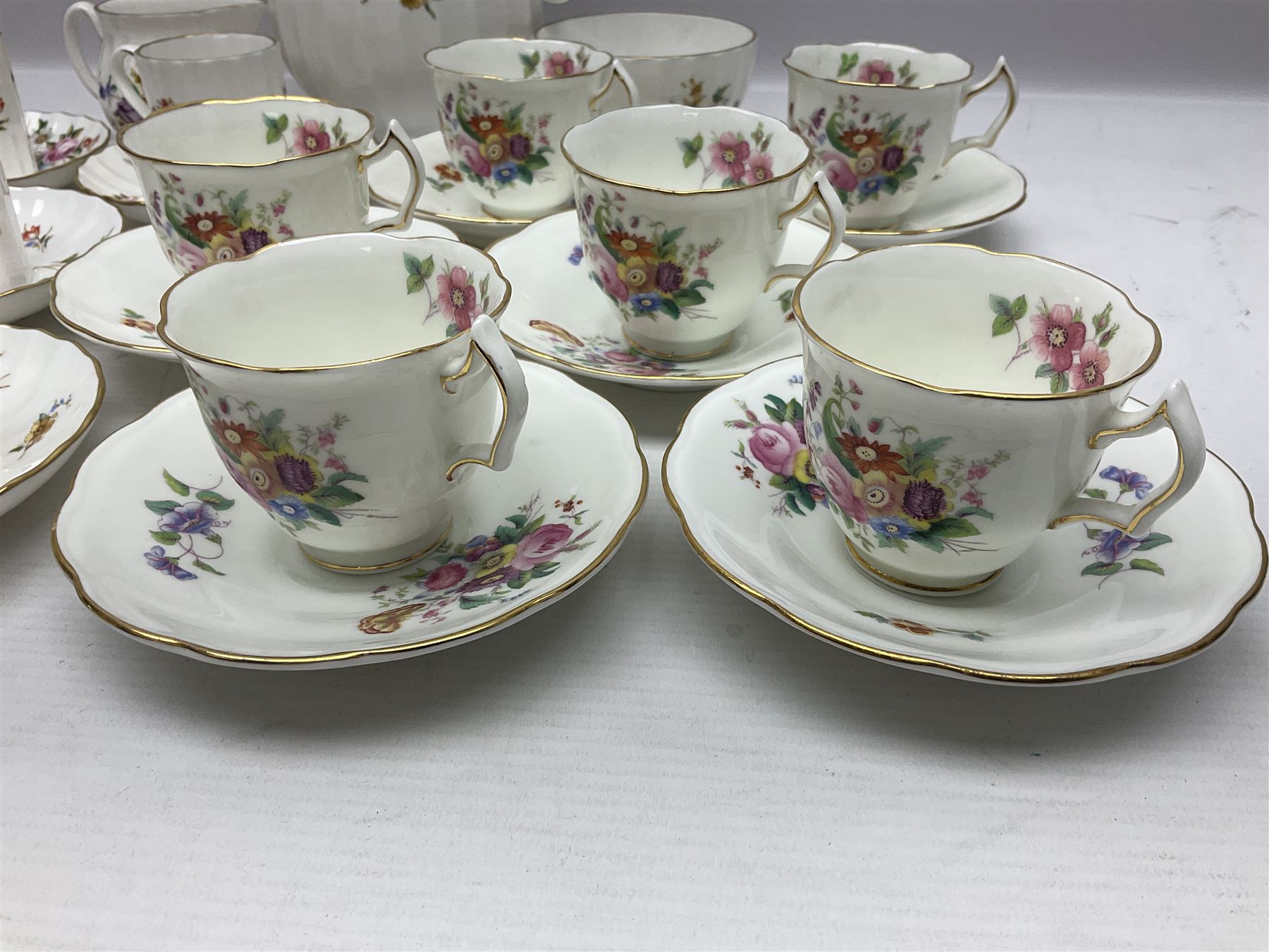 Royal Worcester Roanoke pattern coffee service, including coffee pot, coffee cans and saucers, milk and sugar bowl, together with Coalport Junetime pattern teacups and saucers