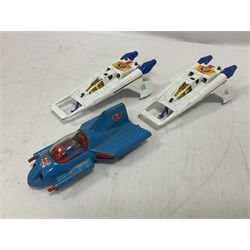 Corgi - seven unboxed and playworn TV/Film related die-cast models including Chitty Chitty Bang Bang with all four figures, Batmobile with both figures, Lady Penelope's FAB 1 with both figures, Superman Supermobile, two Buck Rogers Starfighters and The Saint's Volvo P.1800 (7)