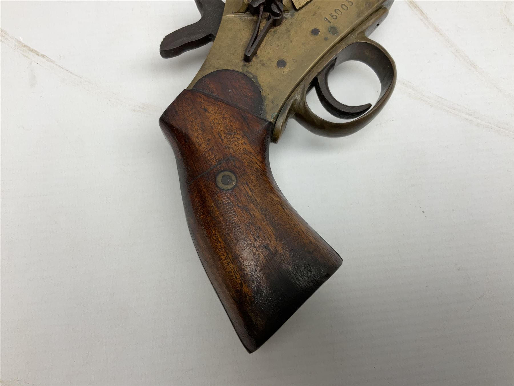 Schermulys Patent No.503324 nitro proof line throwing pistol No.15003; brass body with proof marks; the 32cm steel barrel with secondary handle over and original transfer 'The Schermuly Pistol Rocket Apparatus Ltd. London' L51cm overall