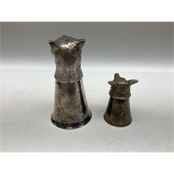 Silver plated fox head stirrup cup and another smaller similar example, set of stirrup cups in hide case, another set with gilt interiors, hip flask, horn cup, two decorated horns, and cigarette box with parquetry detailing and white metal recumbent dog laying upon the lid