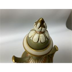 Early 20th century Royal Worcester vase decorated by Harry Davis, of ovoid form with twin acanthus mounted handles and waisted high neck supporting a domed cover, upon a circular foot, the body hand painted with sheep in a highland landscape, signed H Davis, with puce printed marks beneath including shape number 2425, and date code for 1907, H27.5cm