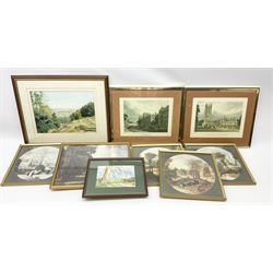 Selection of framed prints, including Set of four by Jodocus De Momper Magdalen College From the Bridge and University College etc. 