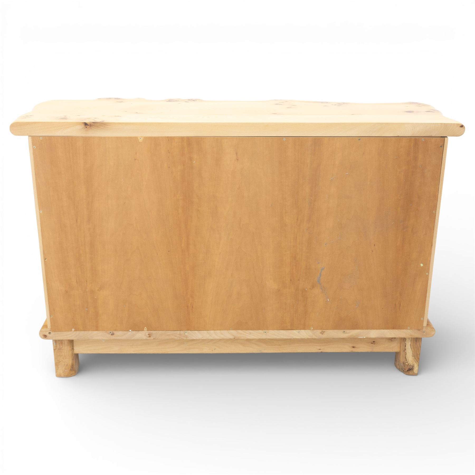 Paul Hodgkiss Designs of Glasgow - contemporary figured elm sideboard, burred elm organic form top, with frosted glass cabinet wrought metal handles revealing a fixed shelf interior, with three shaped drawers enclosing a fitted cutlery drawer, raised on square block feet 