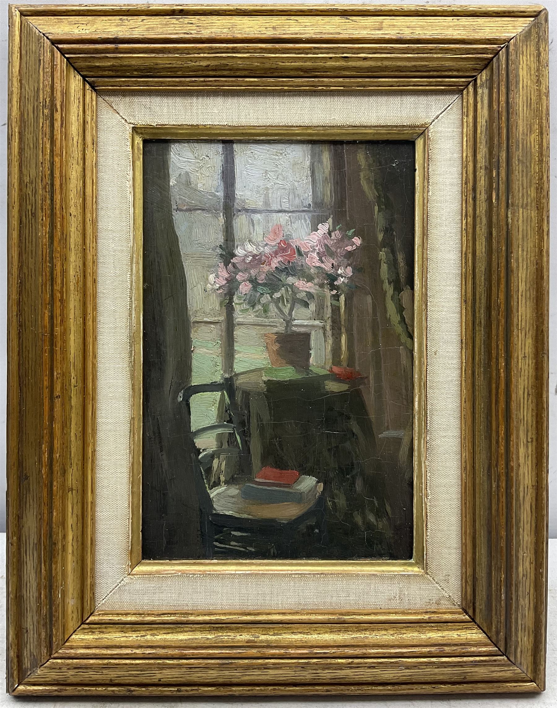 Scottish School (Late 20th century): View of Edinburgh Castle from a Princess Street Window, oil on panel unsigned, titled verso 23cm x 15cm