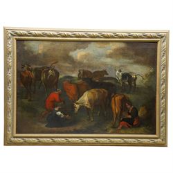 Circle of Karel Dujardin (Dutch 1626-1678): Pastoral Scene with Milkmaids and Cattle, oil on canvas unsigned 55cm x 83cm