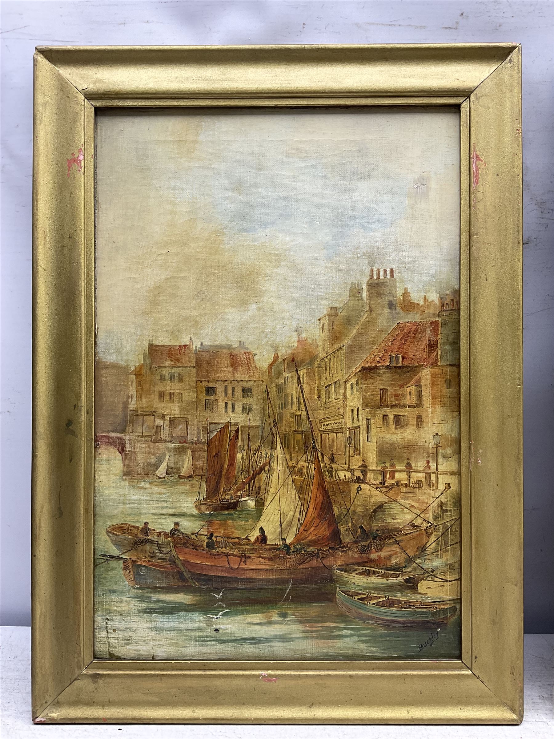 Buckley (British 19th Century): 'Fish Quay Whitby' and 'Whitby Harbour', pair oils on canvas signed, titled verso 45cm x 30cm (2)