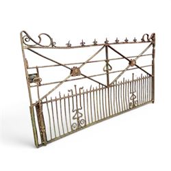 Impressive 19th century 9' wrought iron Country House gate, bar form with close rail base, X framed with central crests, scroll and spike top