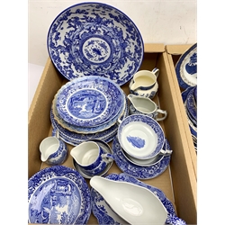 A large quantity of various blue and white ceramics, to include Spode Italian, eight bowls, one larger bowl, three tea cups, two saucers, one larger saucer, one side plate, four twin handled soup bowls, sauce boat and stand, and milk jug, plus Adams & Sons, Booths, Woods, etc. (Qty). 