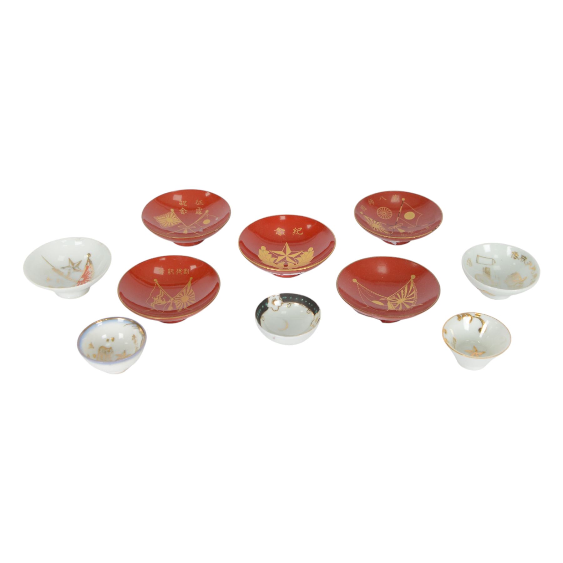 Five red lacquered saki bowls, together with five porcelain examples, red lacquered D9cm