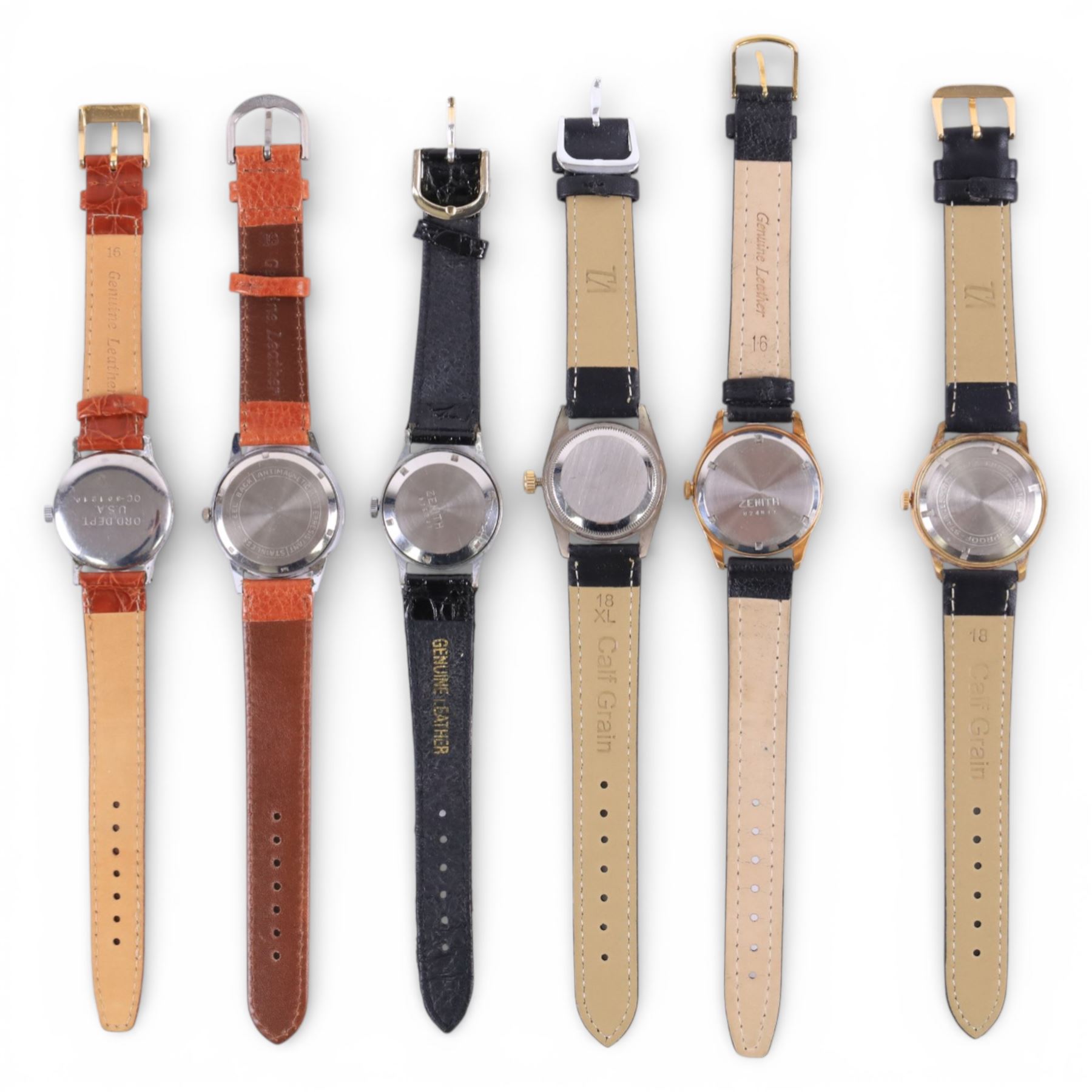 Six wristwatches including Zenith manual and automatic, two Tudor, Omega and a Tudor manual in an Elgin Ordnance Department USA case