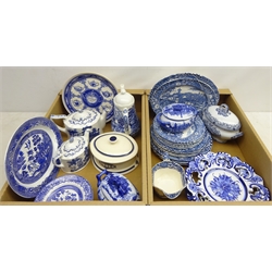  The Victorian Pottery butter dish, Masons for Ringtons teapot and hot water pot, Midwinter 'Landscape' pattern dinner ware and other blue and white in two boxes  