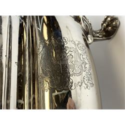 Matthew Boulton silver plated tureen and cover, the body of oval form with twin handles engraved with crest, probably for Whitgreave/Whitgrave family of Moseley Staffordshire, 'Regem Defendere Victum', (To defend the king even in his defeat/To defend the conquered king ), upon four paw feet, the cover with gadrooned rim and foliate loop handle 