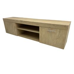 Light oak finish television stand, fitted with two cupboards and central shelf