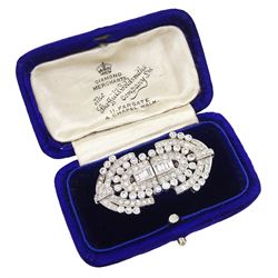 Early - mid 20th century platinum diamond brooch / hair clips, each clip set with round and baguette cut diamonds, in an openwork setting, joined by a 9ct white gold detachable brooch, total diamond weight approx 2.35 carat