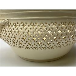 Large 20th century Leeds pottery basket and cover, of bulbous form with pierced detail and twin rope handle, with impressed mark beneath, H23cm D25cm