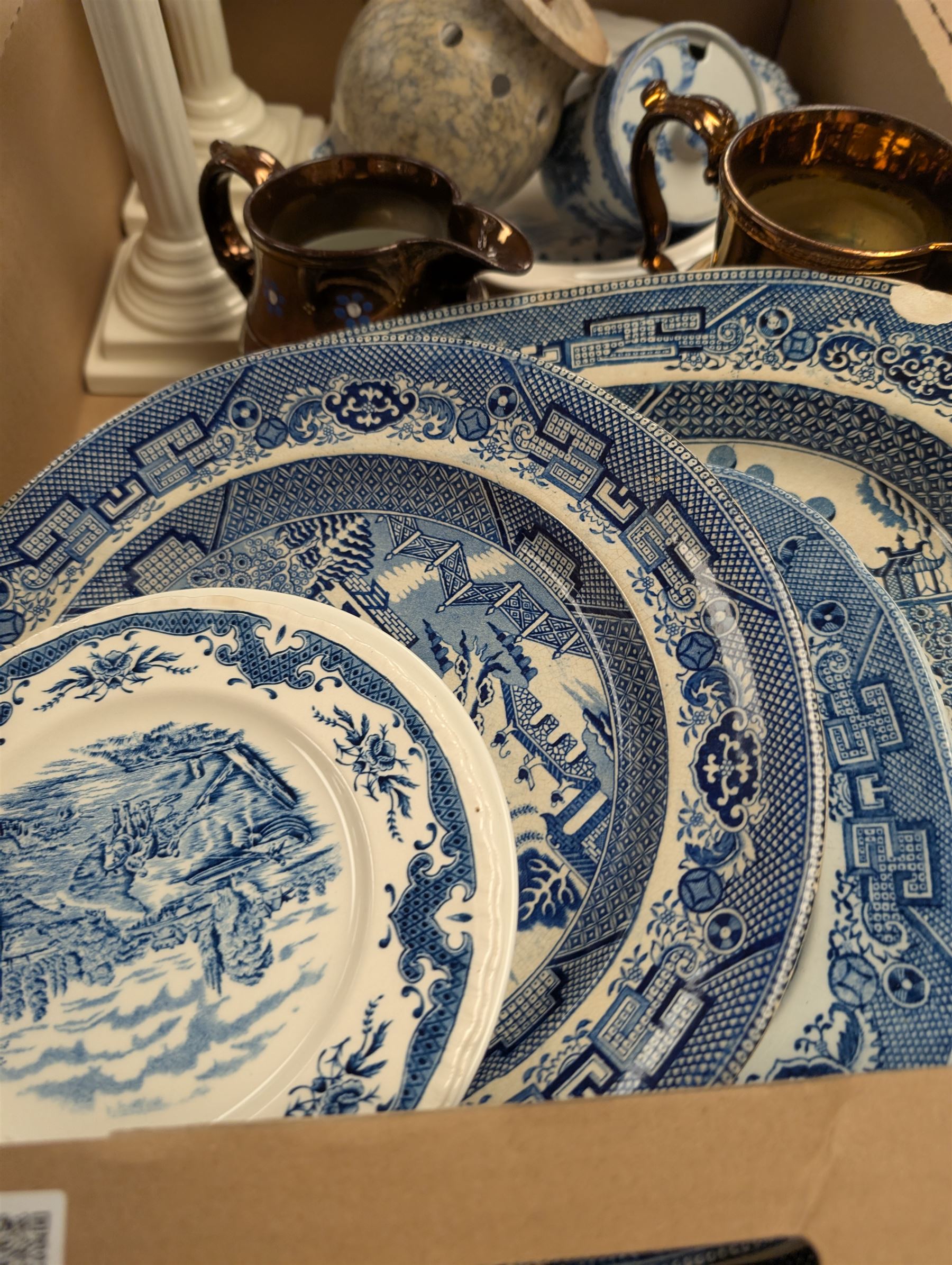 Villeroy & Boch Cheyenne pattern part tea service, pair of ceramic candlesticks, blue and white platters and plates, wooden stands etc