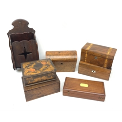 Victorian walnut inlaid tea caddy, Victorian burr walnut dome top tea caddy, George V carved mahogany candle box dated 1914 to the reverse, H41cm, together with other similar boxes