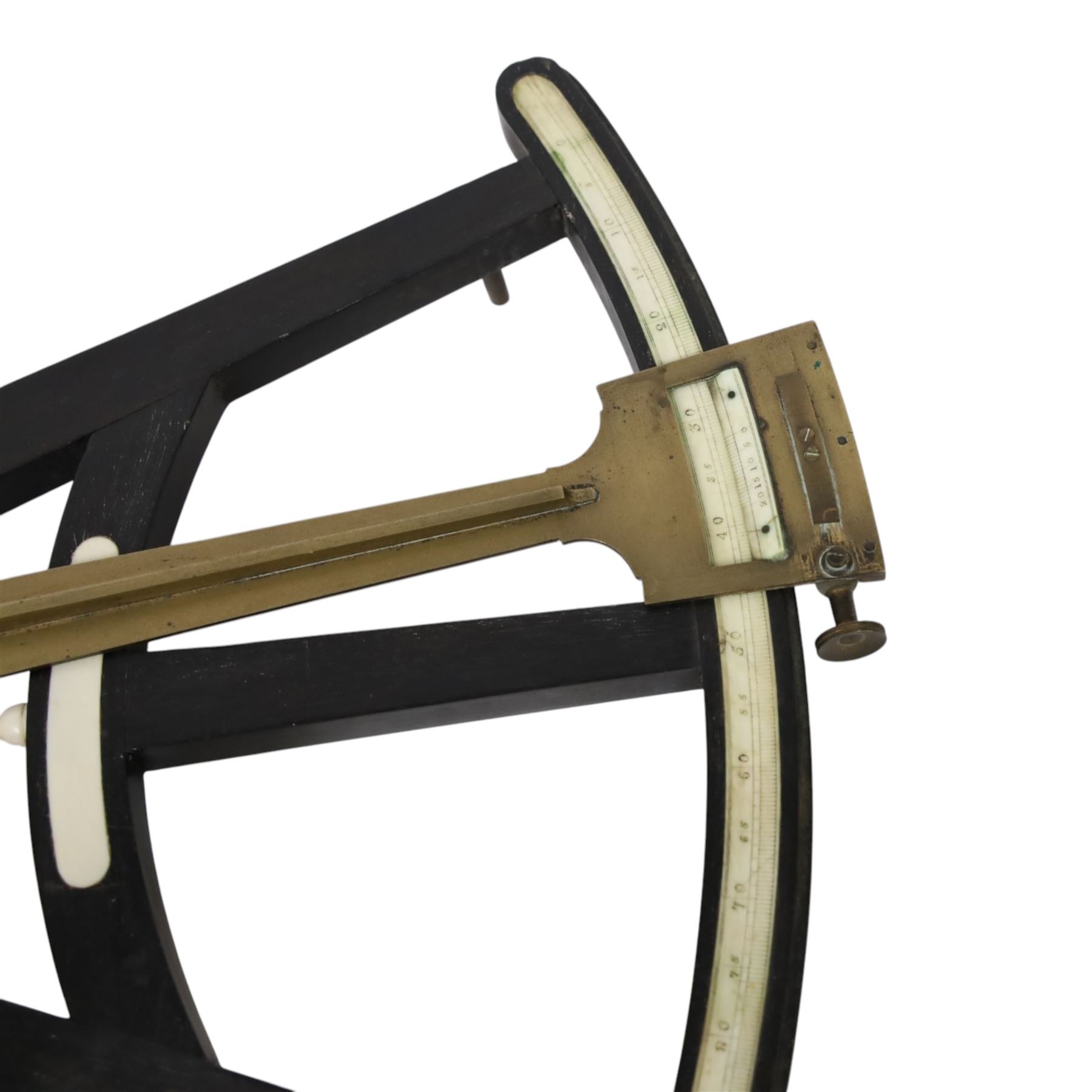 IVORY LICENCE 19th century ebony and brass octant, with inset ivory scale, unmarked, L35cm
