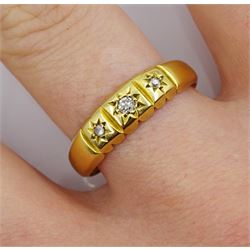 Victorian 18ct gold gypsy set three stone diamond ring, Chester 1895