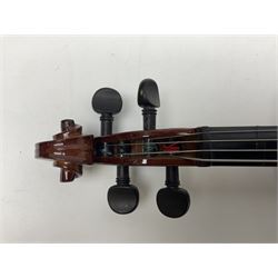 Four student violins - two Chinese three-quarter size with 33.5cm and 34cm two-piece backs; Stringers of Edinburgh quarter size with 28cm two-piece back; and Stentor quarter size with 28cm two-piece back; each in carrying case (4)