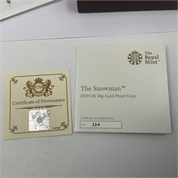 The Royal Mint United Kingdom 2019 'The Snowman' gold proof fifty pence coin, cased with certificate