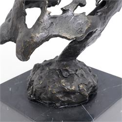 Bronze figure, modelled as a stylised horses head, upon a square marble plinth, signed and bearing foundry mark, overall H41cm