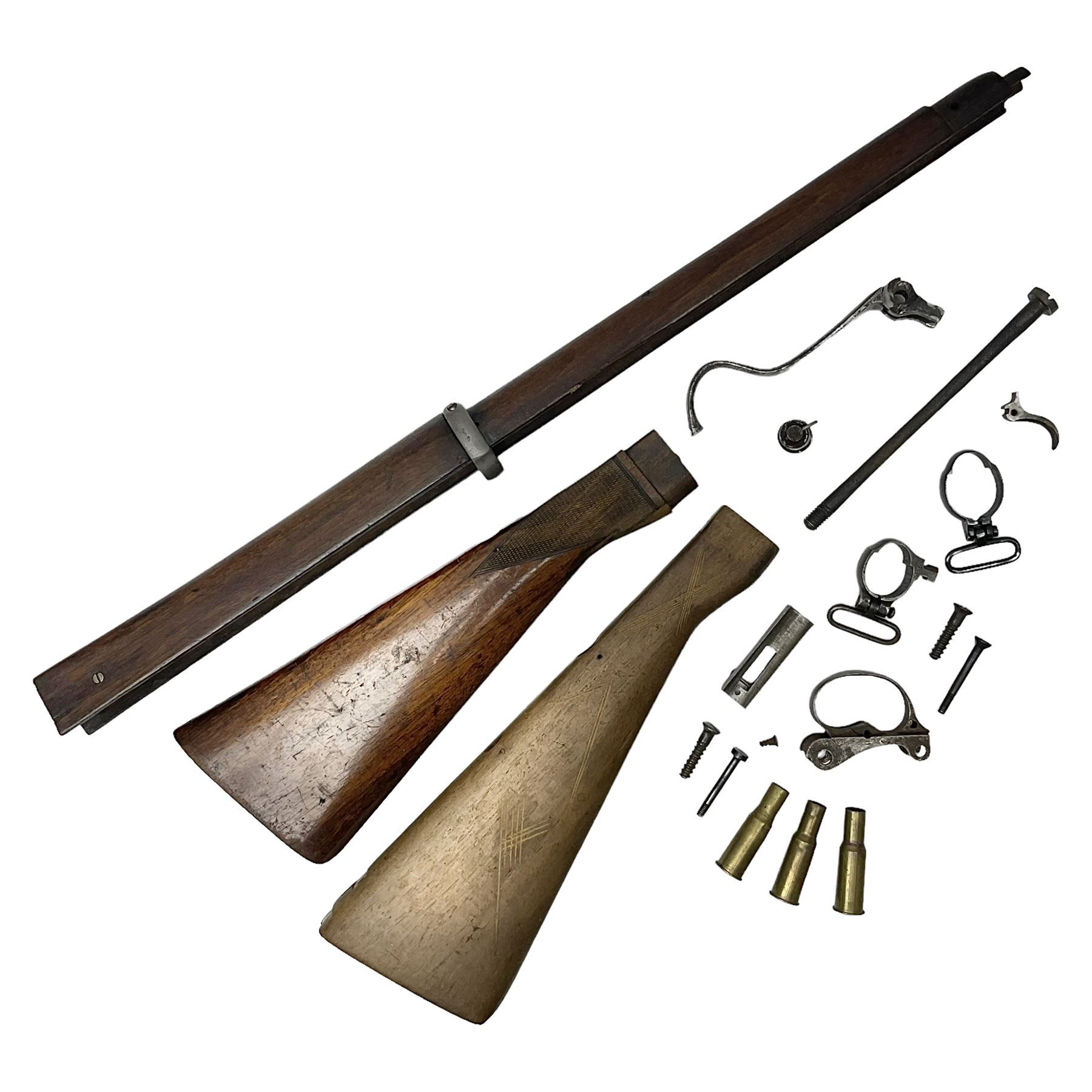 Quantity of spare parts for .577/450 Martini Henry rifle including two stocks, fore-end etc