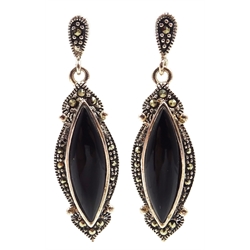  Pair of silver black onyx and marcasite pendant ear-rings, stamped 925  