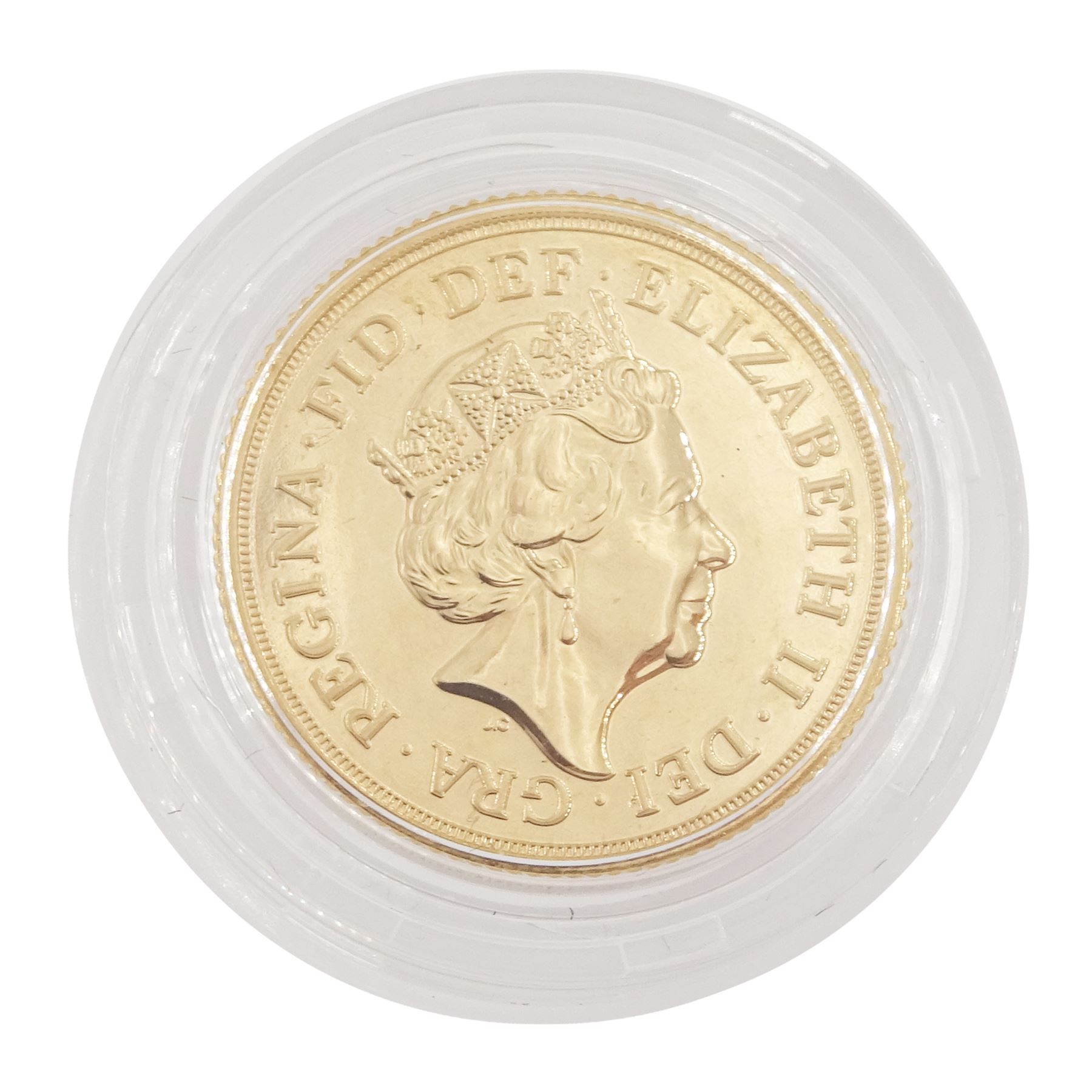 Queen Elizabeth II 2016 gold full sovereign coin, housed in The Royal Mint case without certificate