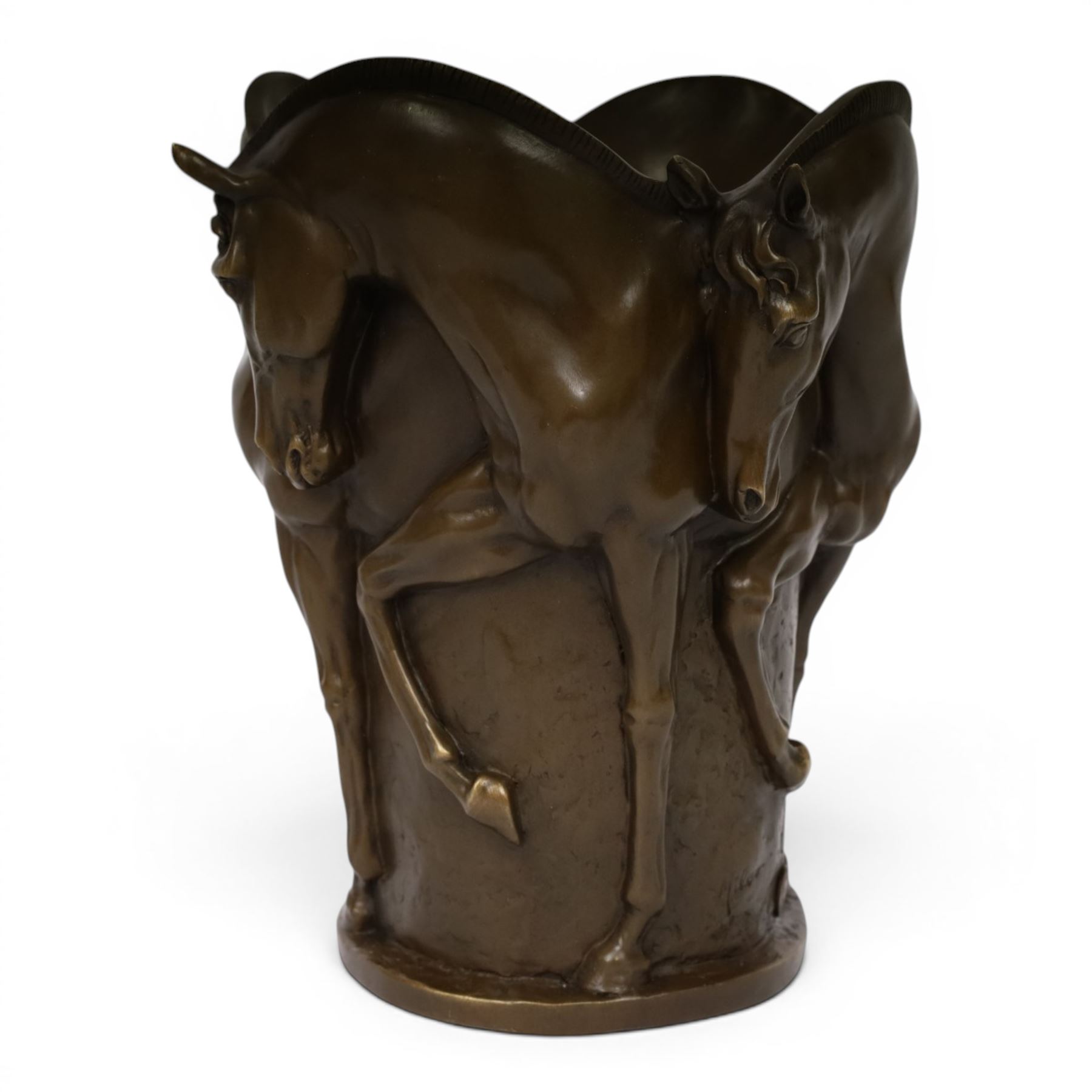 Bronze vase, of tapering cylindrical form, cast with the forms of four prancing horses, signed Milo and with foundry mark, H25cm D19cm