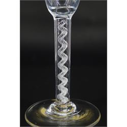 18th century drinking glass, the pan-top bowl upon a single series air twist stem and conical foot, H15cm 