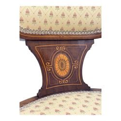 Edwardian inlaid mahogany X-frame armchair, upholstered seat and shield-back, curved front supports united by turned H-stretcher (W57cm, D58cm, H94cm); similar inlaid mahogany armchair, raised on cabriole supports united by cross-stretcher (W62cm, D60cm, H82cm) 