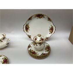 Royal Albert Old Country Roses pattern tea set, comprising teapot, coffee pot, six teacups and six saucers, five side plates, further teacup with joined saucer and side plate, open sucrier, milk jug, cake plate, and preserve pot and cover, together with Royal Albert Jubilee Rose pattern sauce boat and stand, and Royal Albert Lavender Rose pattern cake stand. 