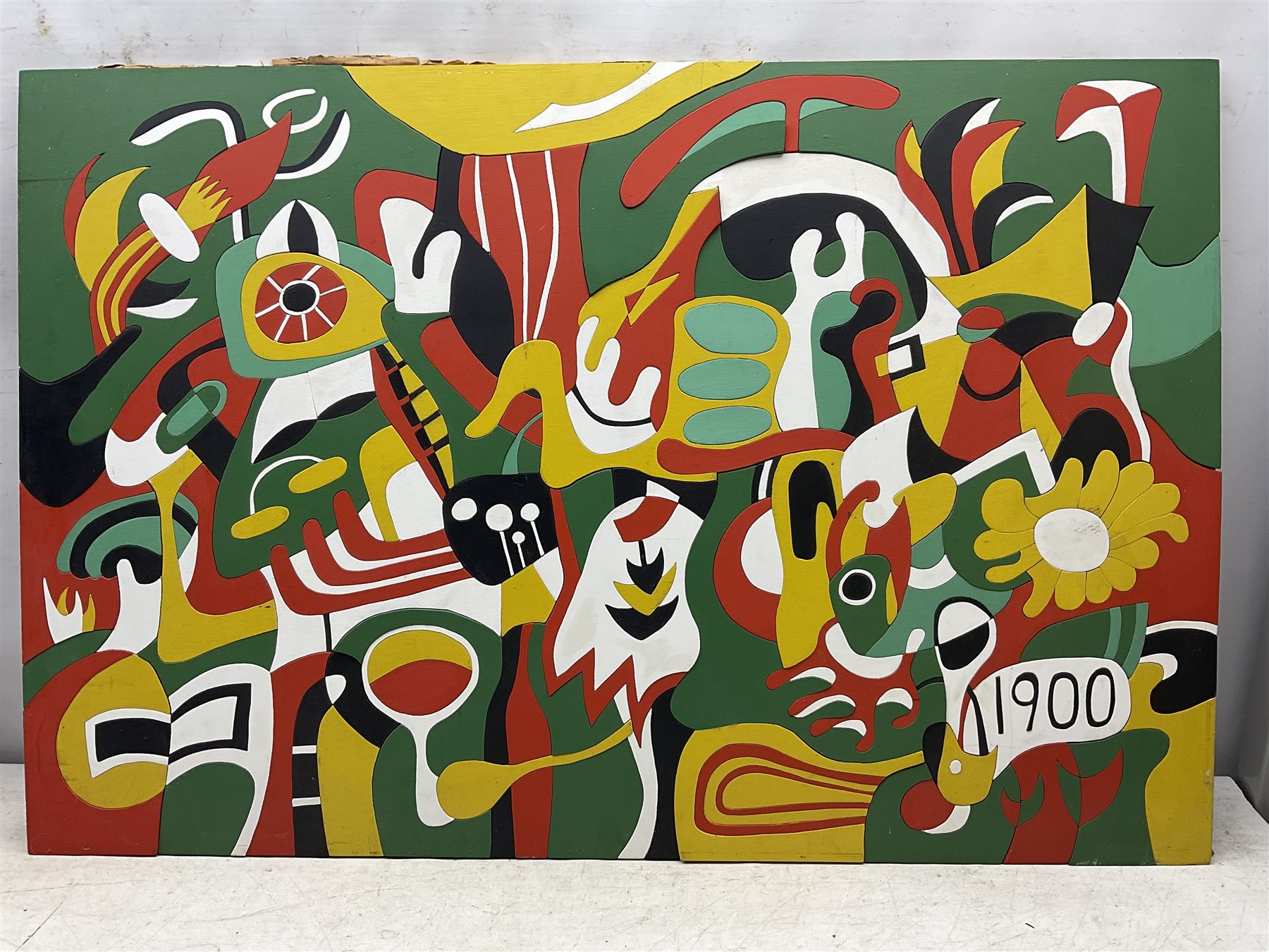 Christine Gloria Cox (Scarborough 1942-2014): '1900', collage of acrylic panels signed and titled with Yorkshire Artists Exhibition label verso 61cm x 92cm (unframed)