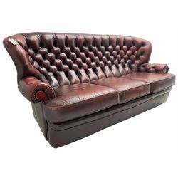 Wade - Georgian design three-seat sofa, high curved back over scrolled arms, upholstered in deep buttoned oxblood 'Pegasus' leather, on castors
