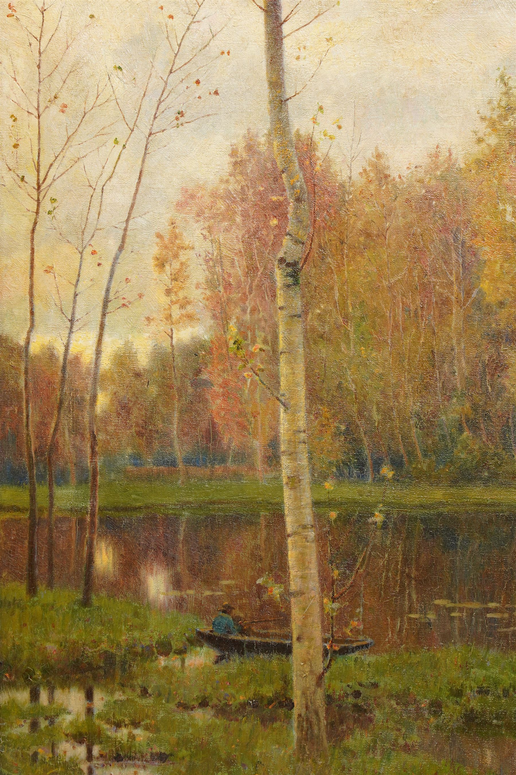 School of Tonalism (Late 19th Century - c.1890): Autumn Day, oil on canvas unsigned 78cm x 62cm
Notes: A very accomplished example testifying to the changing artistic attitudes at the turn of the century, embodying the transition from traditional realist depictions of landscapes into a more expressive handling. The restricted palette of green, brown and orange hues has been carefully used to construct soft-edged forms, mimicking the tranquil feeling of nature and eliciting an emotional response to the scene. The central solitary figure enhances the intimate setting, conveying a sense of contemplation.