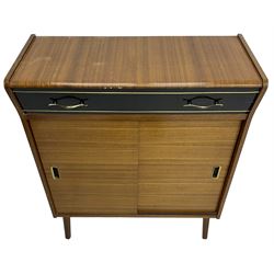 Mid-20th century teak side cabinet, single frieze drawer over sliding doors, on square tapering feet