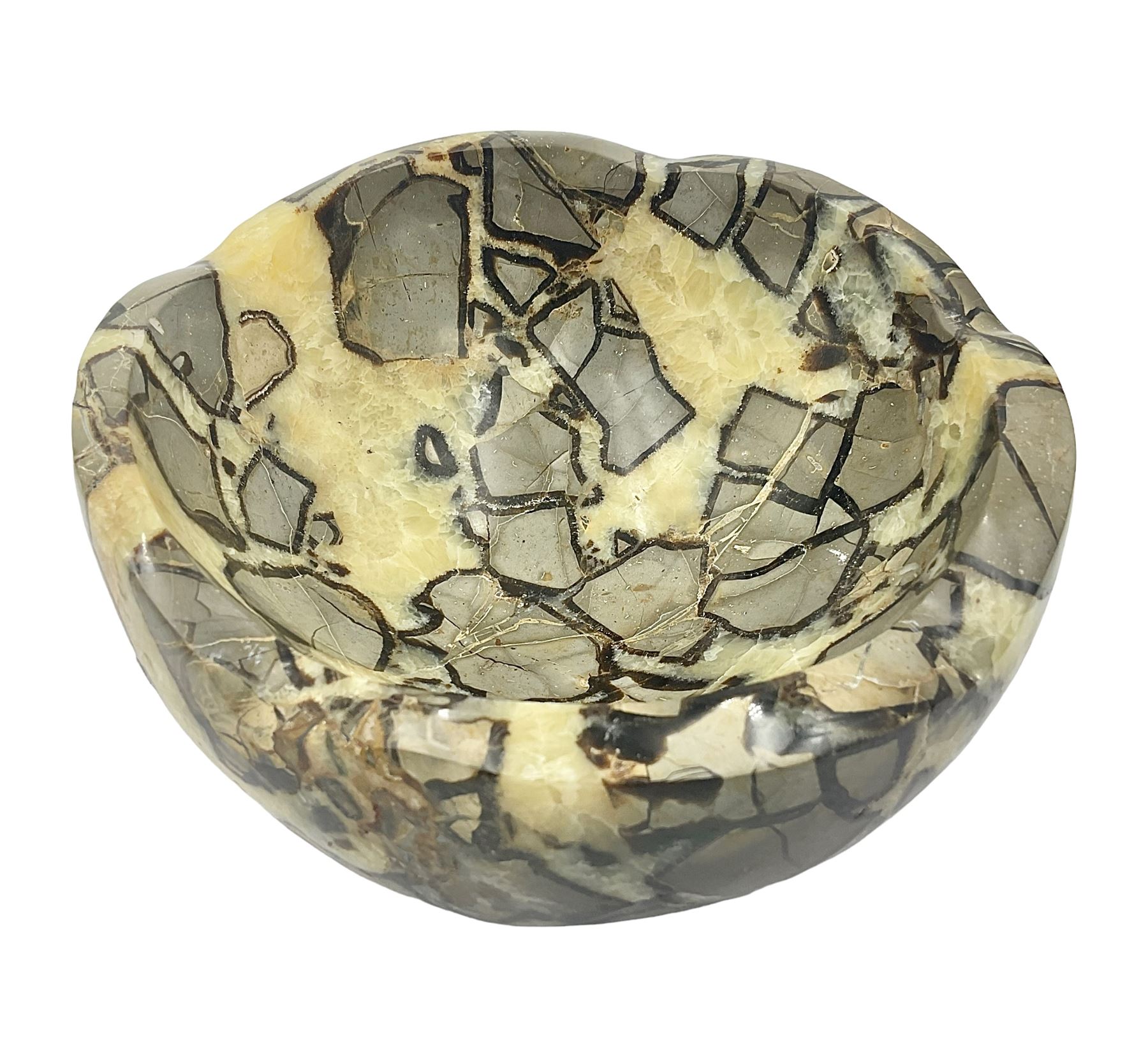 Polished septarian bowl, with a calcite and siderite within limestone rock, D16cm H8cm