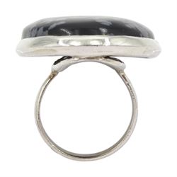 Large silver single stone snowflake obsidian ring, stamped 925