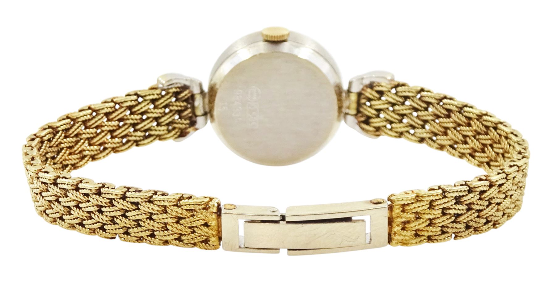 Dugena ladies 14ct gold quartz wristwatch, white gold case, diamond set bezel and lugs, to a yellow gold weave design bracelet and white gold clasp, stamped 585
