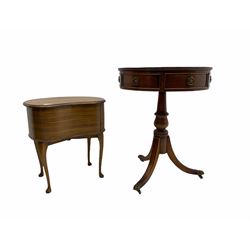 Reproduction mahogany drum table with leather inset, a kidney shaped sewing box on cabriole supports and a pair of Edwardian chairs with cane seats