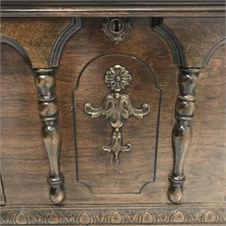 20th century walnut blanket chest, hinged top with relief carved foliate banding, on turned and carved supports connected by shaped moulded stretchers, W116cm, H76cm, D49cm 