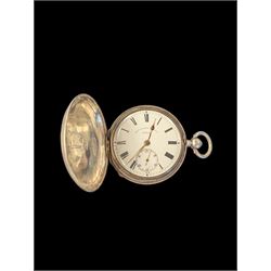 Late Victorian silver full hunter pocket watch by Tho Russell & Son no. 82844, with white enamel dial and subsidiary seconds dial, the front cover with blank cartouche, hallmarked Chester 1891
